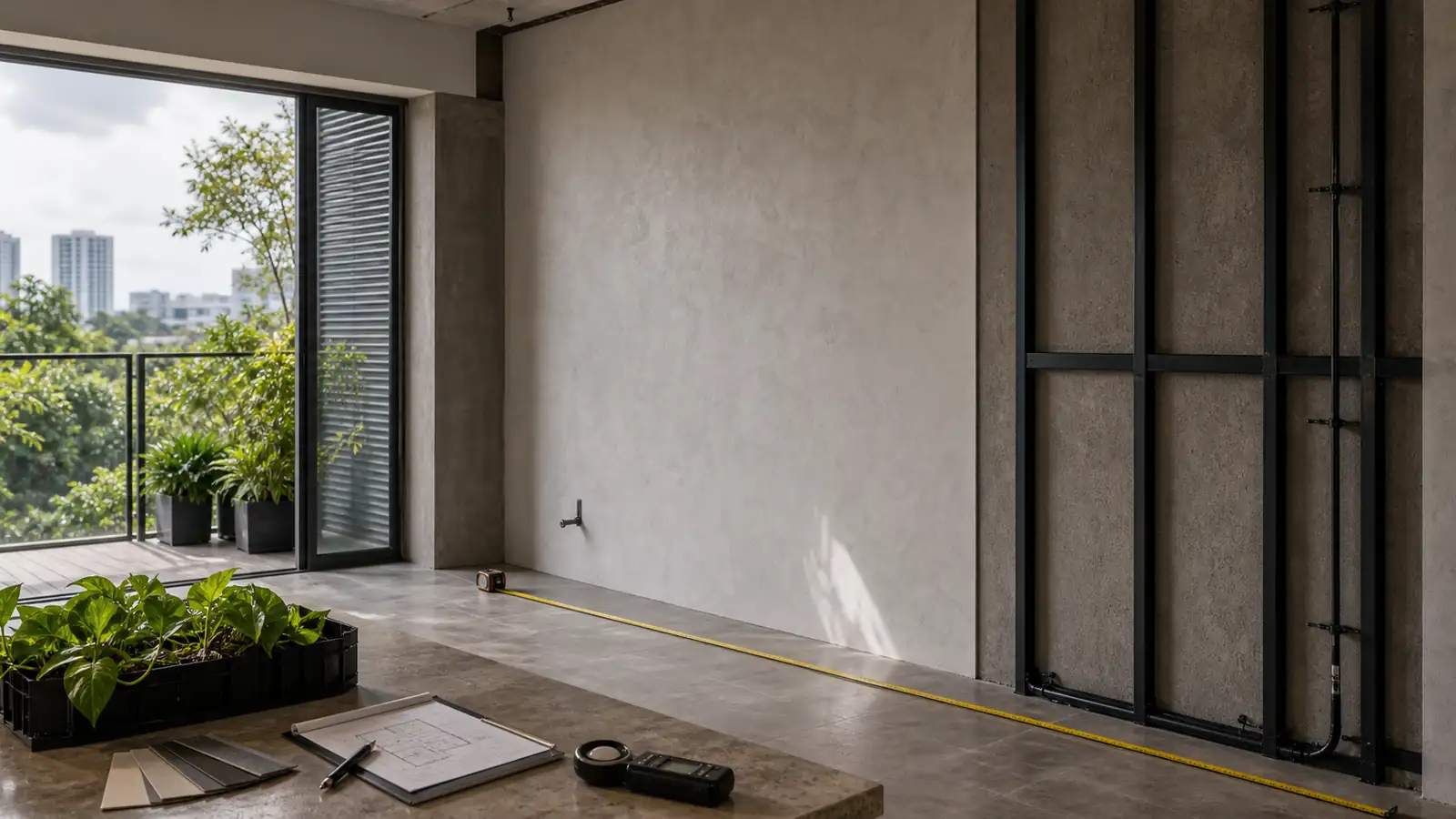 Khu vực tường với dụng cụ đo, mẫu cây và ánh sáng tự nhiên để chọn gói decor