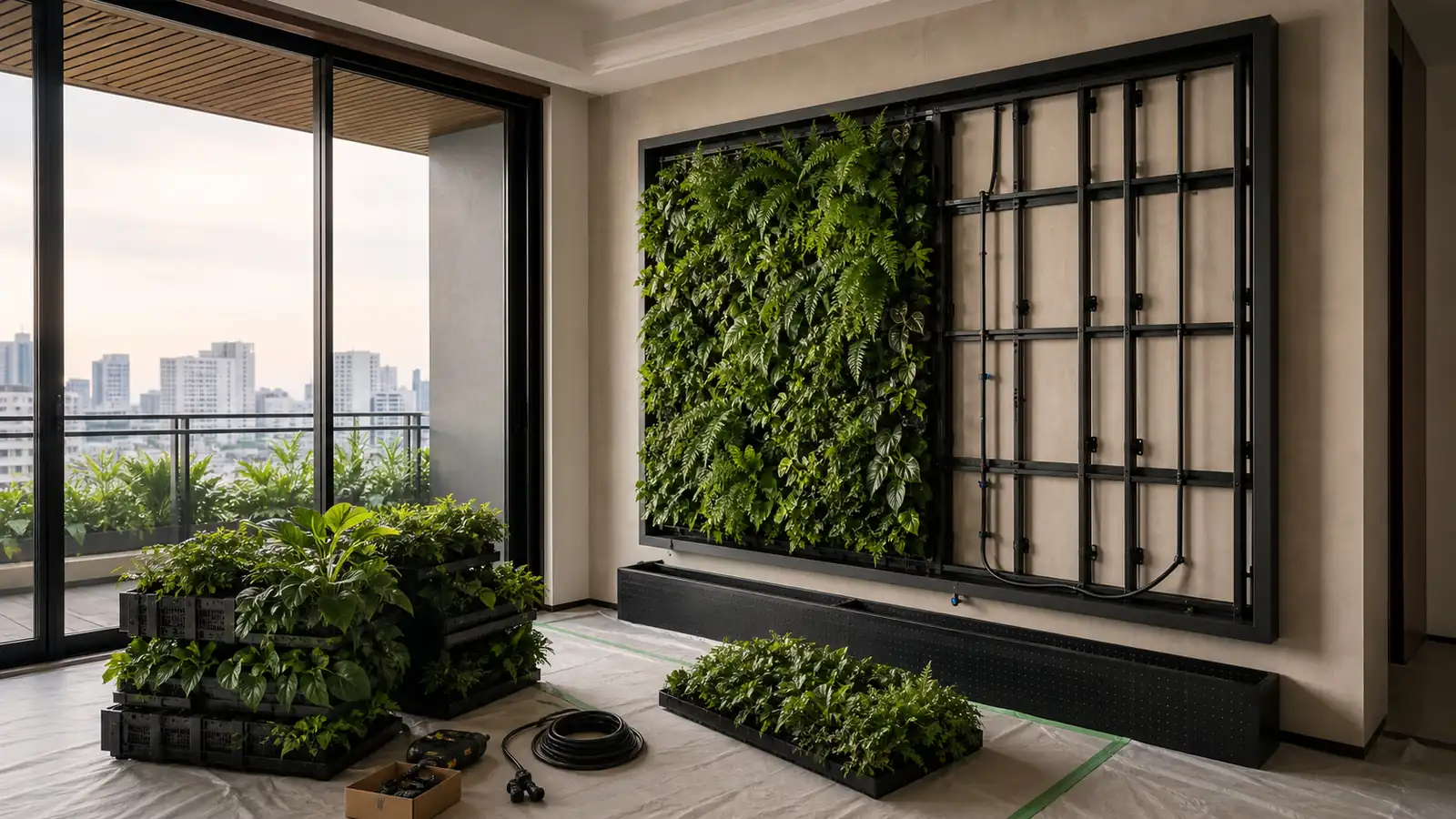 Tường cây đang thi công với khung, module và cây chuẩn bị lắp