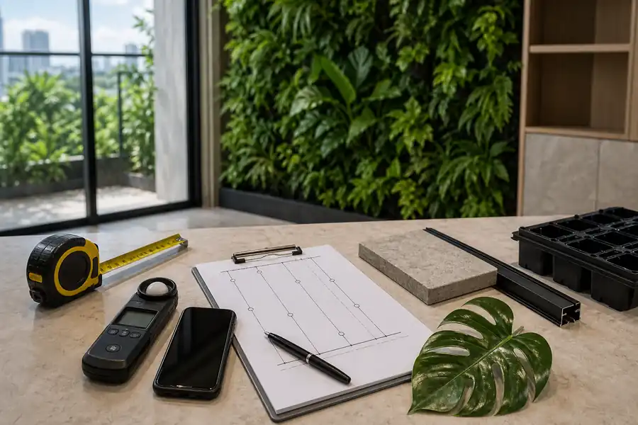 Thước đo, mẫu cây và vật liệu dùng để chọn gói decor tường cây