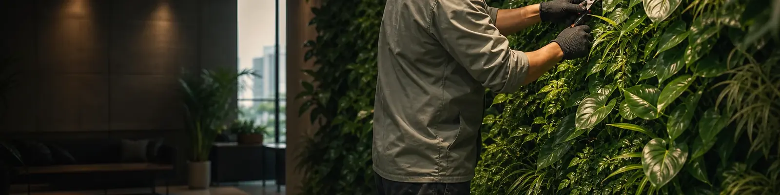 Technician inspecting a maintained green wall