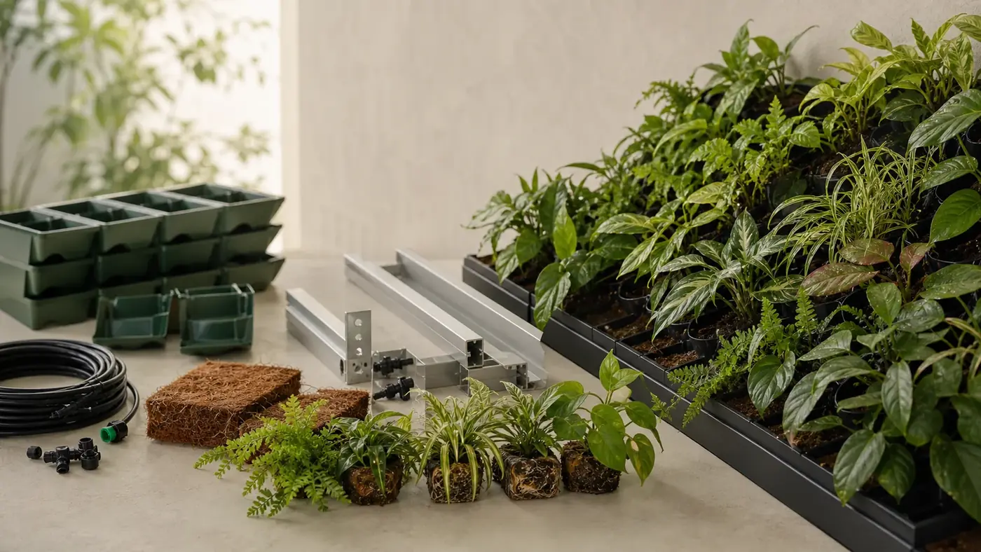 Green wall modules, aluminium frame, and drip irrigation