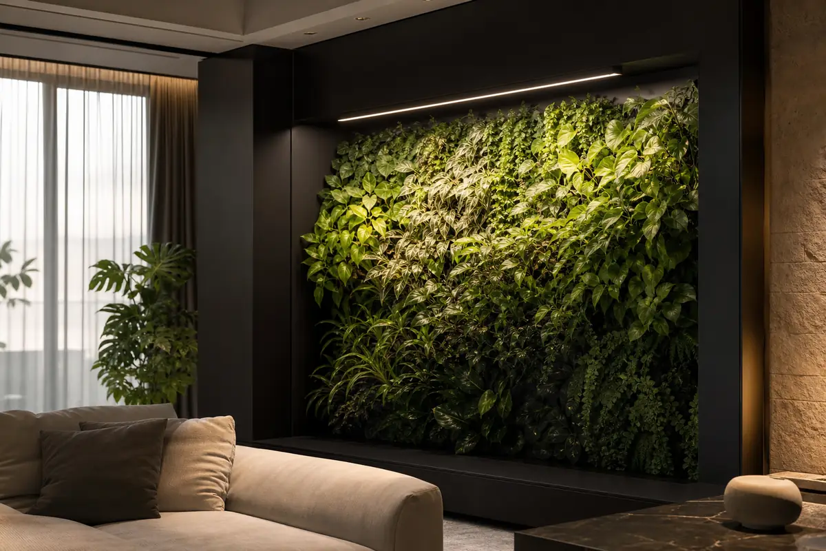 Indoor green wall with integrated grow light aimed at the foliage surface