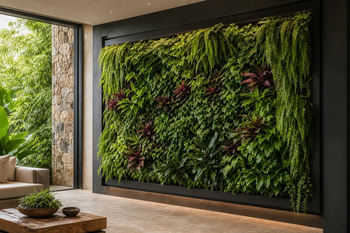 Finished vertical garden with base foliage, trailing plants and controlled accent plants