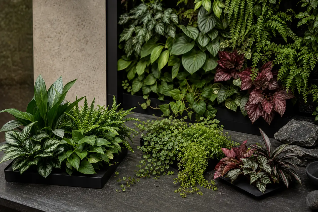 Green wall plant palette with base foliage, trailing plants and accent plants beside a vertical garden sample