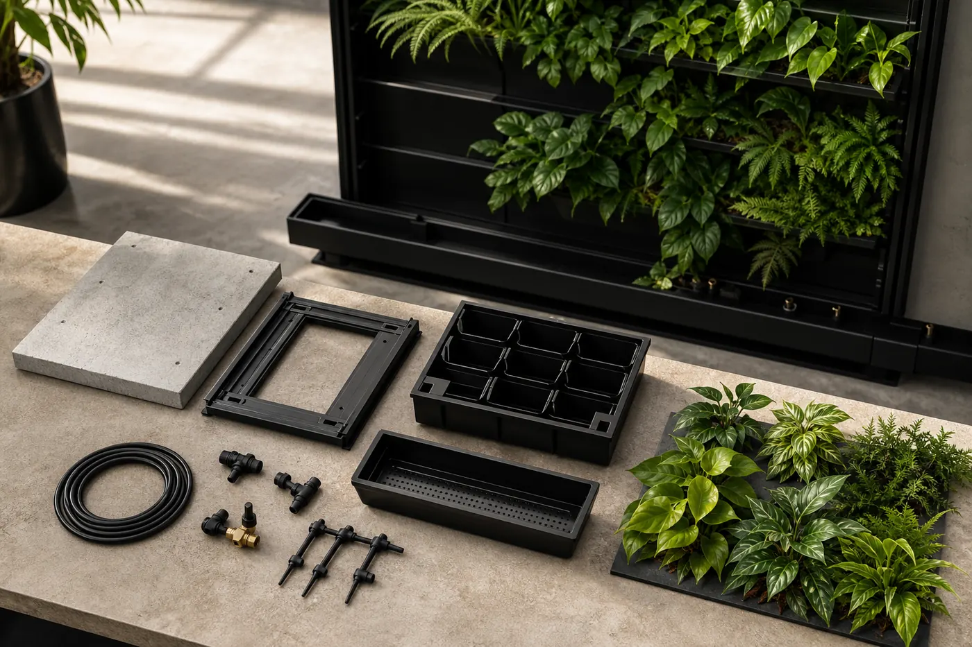 Green wall system material board with backing wall, frame, modules, drip irrigation, tray and plant palette