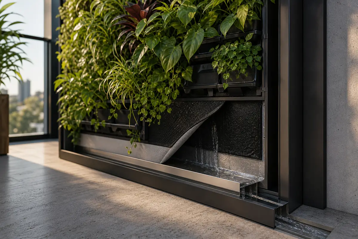 Green wall waterproofing detail with separated backing layer, stainless collection tray and drainage outlet
