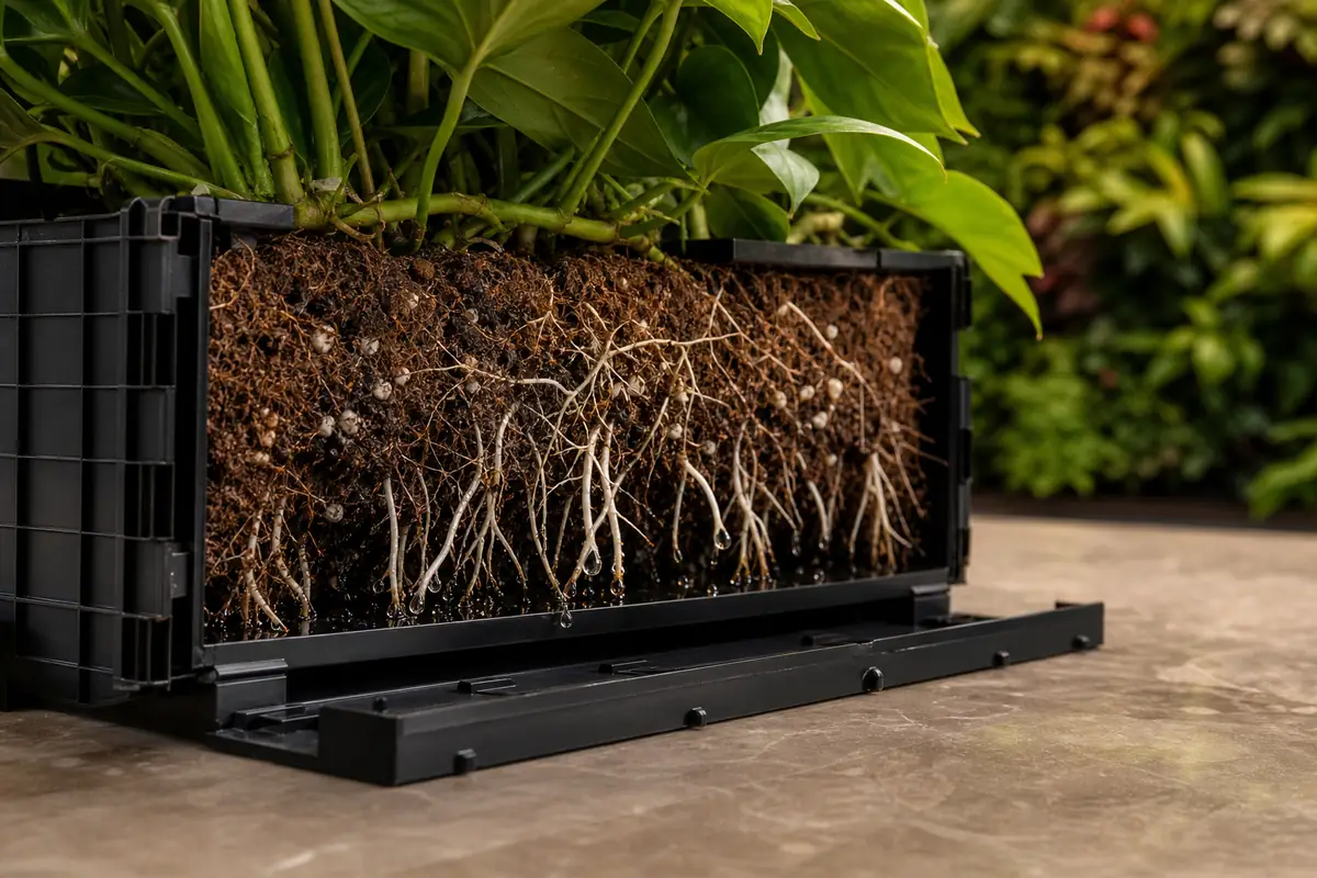Green wall growing medium inside an open module with healthy roots, airy particles and controlled moisture