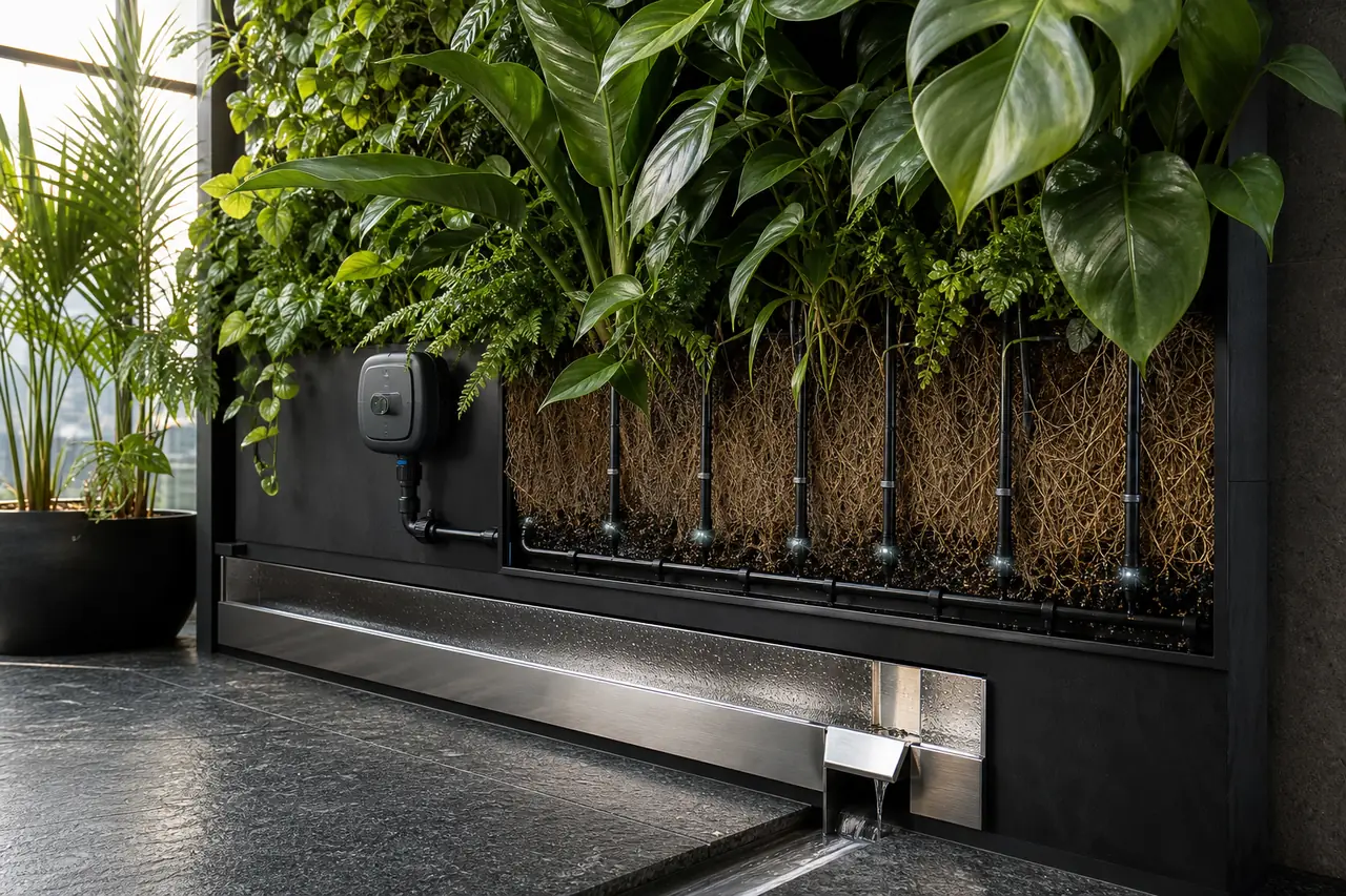 Green wall irrigation system with timer, drip emitters, stainless tray and outlet path