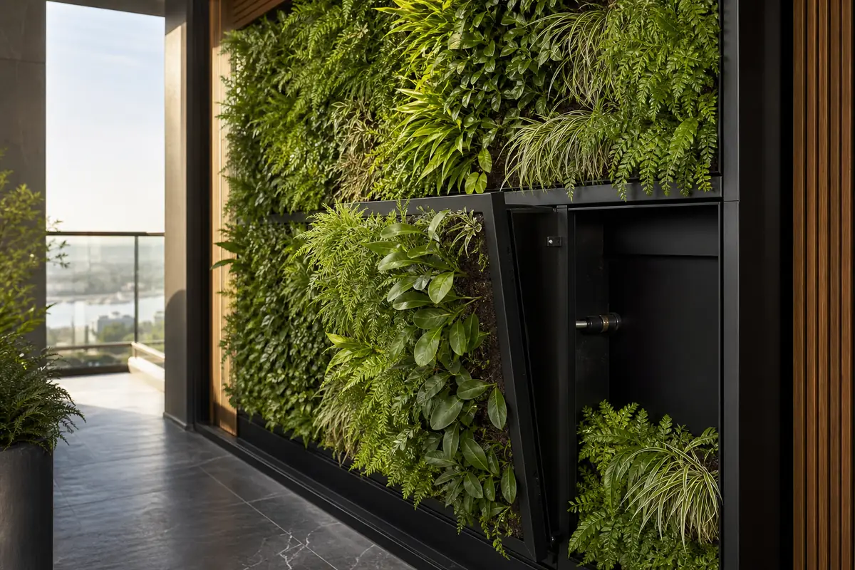 Green wall module pulled out from the frame, revealing maintenance access and technical space behind