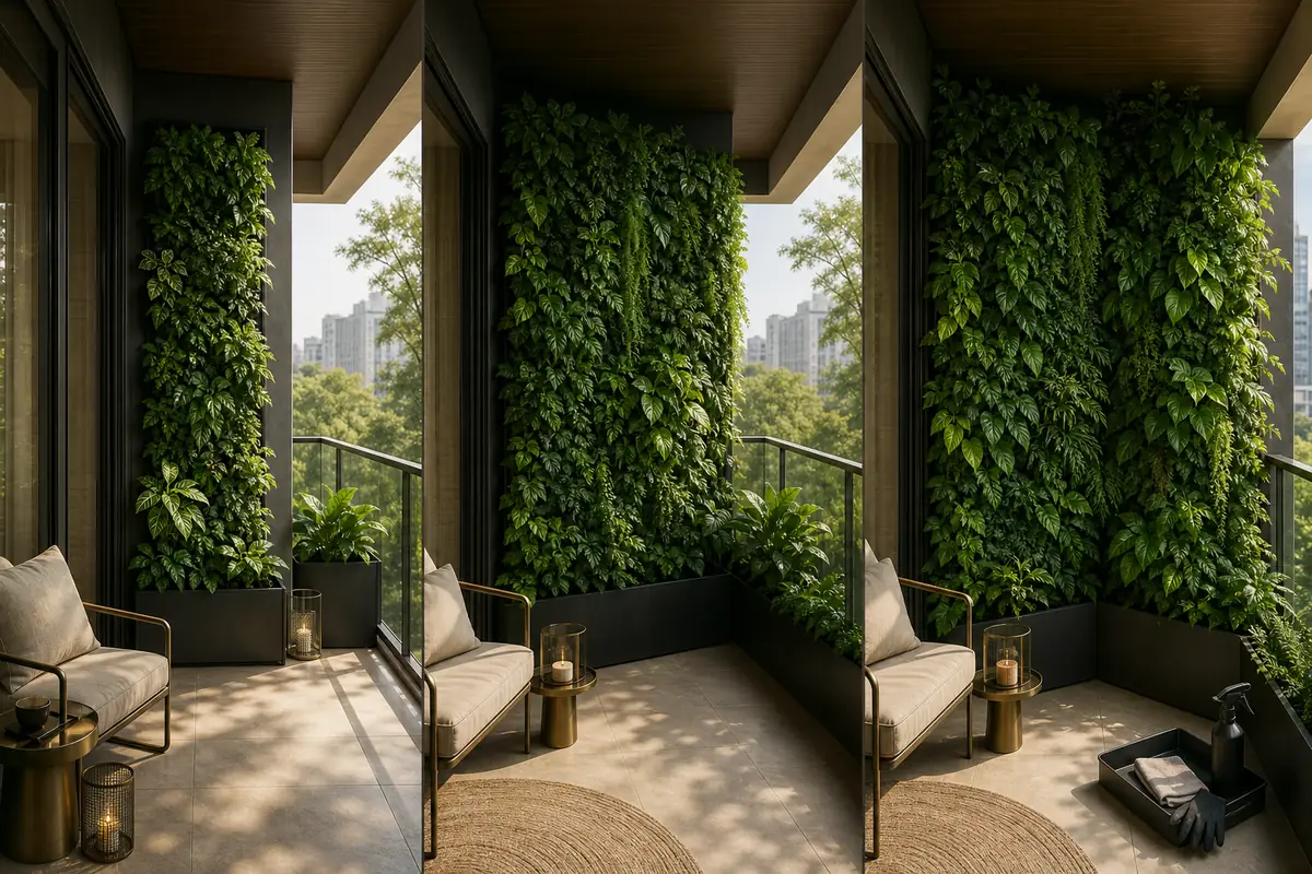 Ba ban công căn hộ so sánh gói decor tường cây theo diện tích phủ xanh và phần chăm sau bàn giao