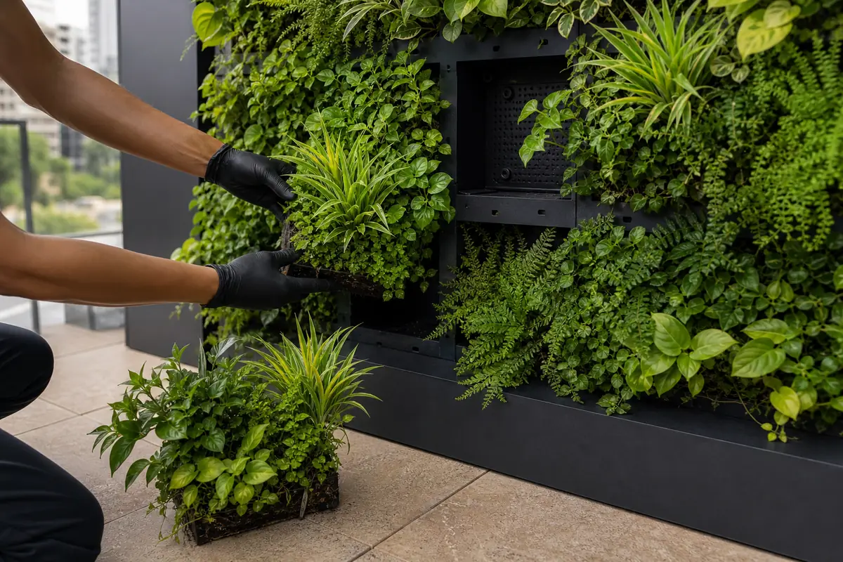 Replacing one mature green wall plant cluster while the surrounding living wall remains intact