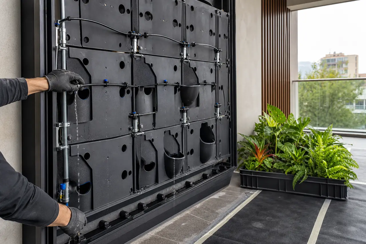Green wall installation with open modules, irrigation water test and plants waiting to be installed