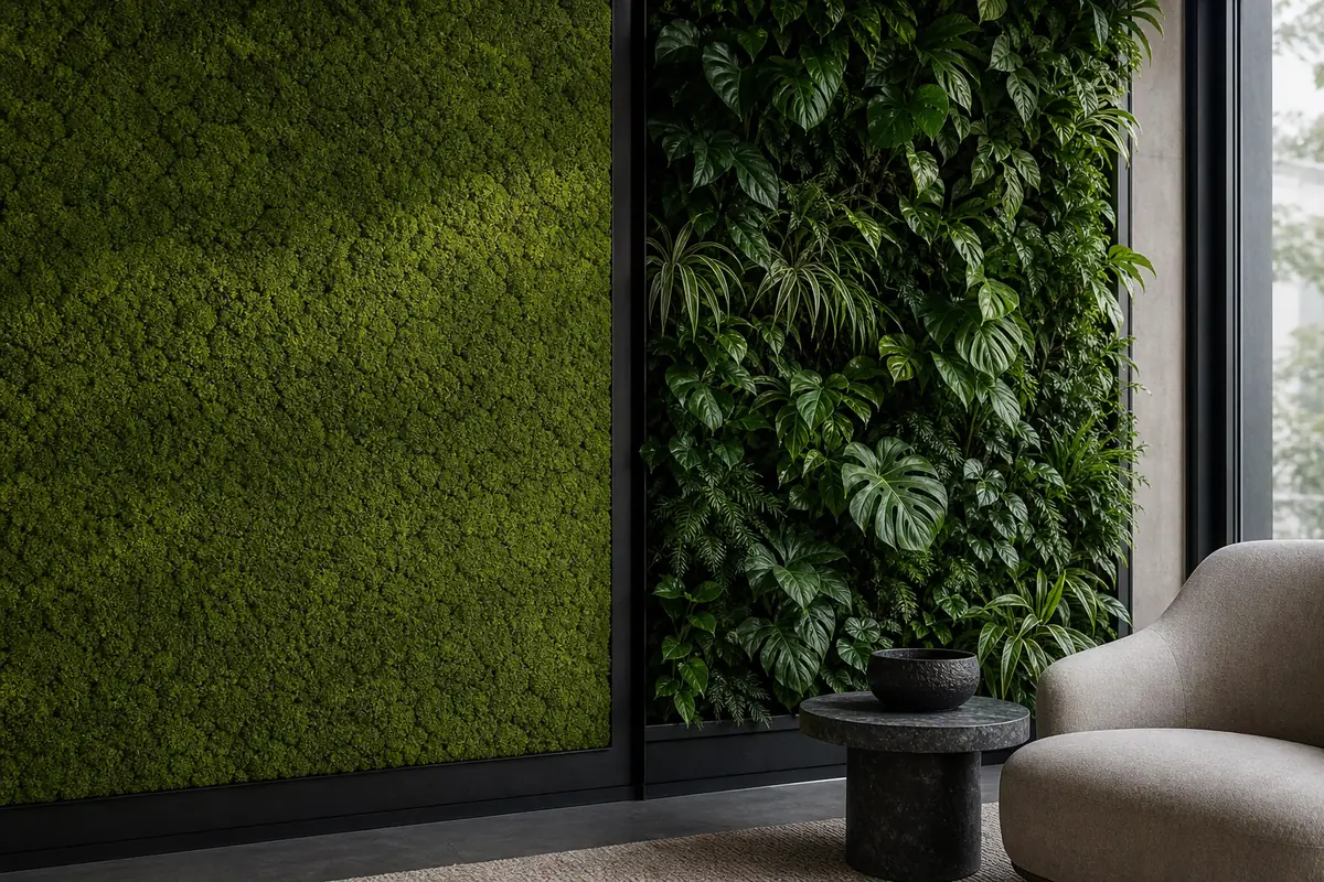 Preserved moss wall and living green wall in a premium interior space